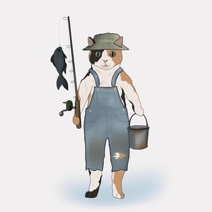 May include: An illustration of a calico cat dressed as a fisherman. The cat wears blue dungarees, a green hat, and holds a fishing rod with a black fish. A small metal bucket hangs from its paw. The cat has a determined expression.