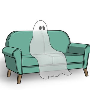 May include: A cartoon illustration of a ghost sitting on a teal sofa. The ghost is translucent with two black eyes. The sofa has wooden legs and a rounded back and arms.