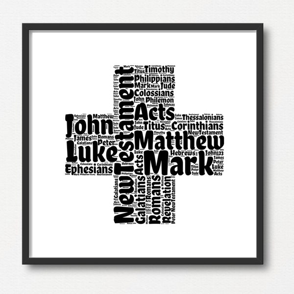 Books of the New Testament-Wordart-Words of Faith-Encouragement-Inspiration-Believer-Biblical-Matthew Mark Luke John-Square Print-PastorGift