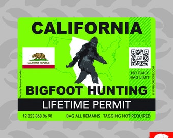 California Bigfoot Hunter Hunting Permit Sticker Sasquatch Vinyl Decal 2.4/" x 4/"