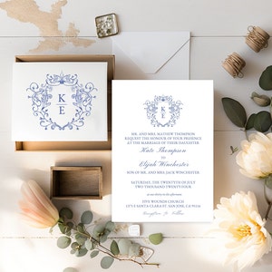 Modernes minimalistisches Monogramm Wappen blau bearbeitbar 13 Canva Hochzeitseinladungsvorlagen