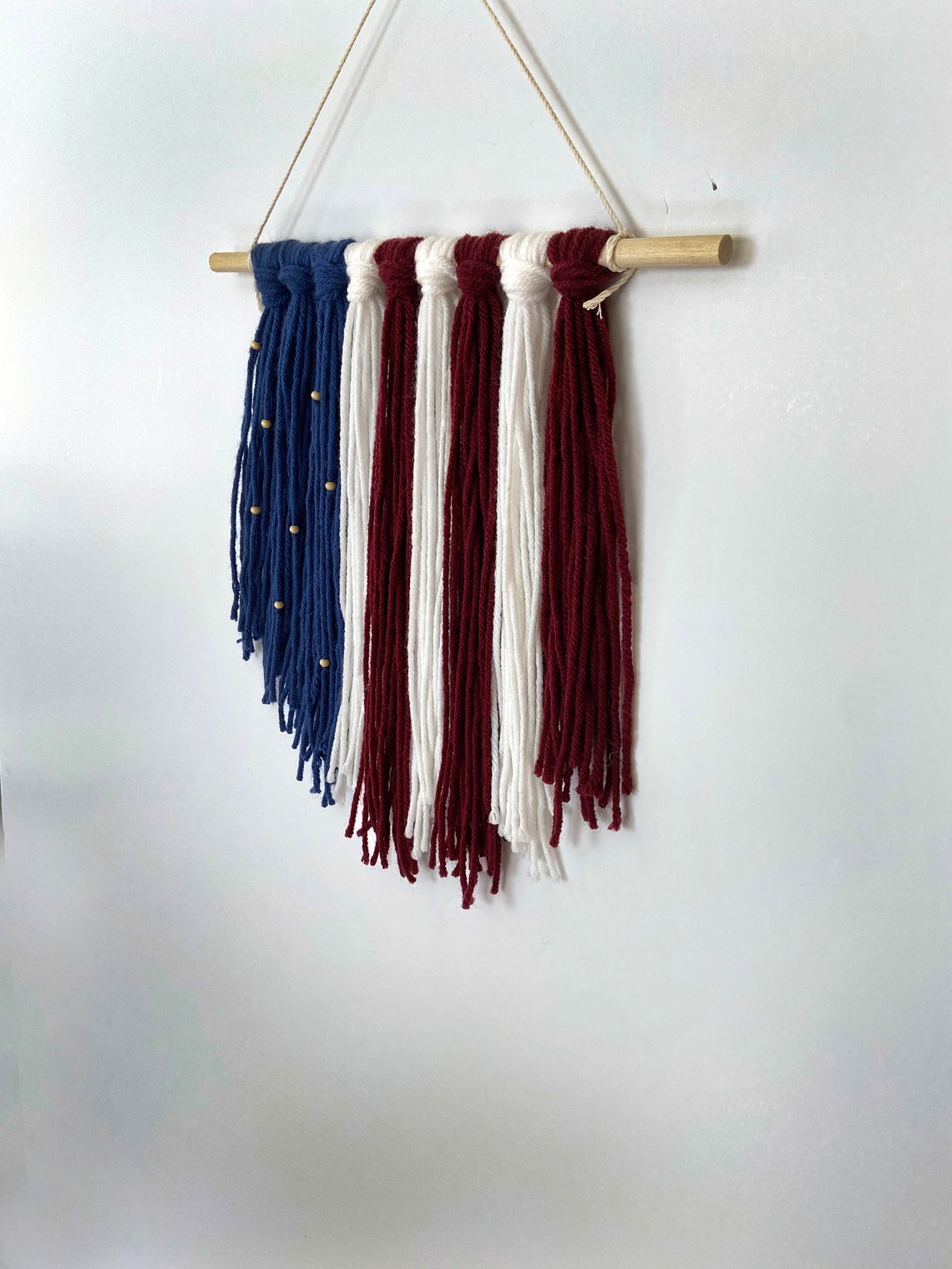American Flag Yarn Wall Hanging Tapestry Fiber Art Beads Yarn Decor Red