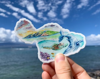 Maui-klistermärke | Maui Hawaii-klistermärke | Hawaii-klistermärke | Konstverk på Hawaiiön | Sköldpaddaklistermärke | Valklistermärke | Konstverk på Maui | Hawaii-konst