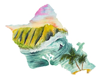 Puede incluir: Pintura acuarela de la isla de Oahu, Hawái. La pintura representa a un surfista montando una ola, una palmera y una cordillera. Los colores son vibrantes y la pintura está llena de vida.