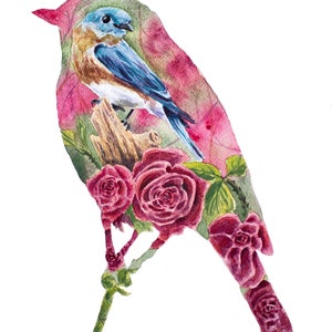 New York State Bird and Flower Blue Bird and Rose Watercolor Painting Fine Art Print