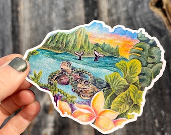 Kauai Hawaii with Turtles, Whales, Taro and Monstera Leaves, Ocean, Pink and Orange Coral, Mokihana Lei Watercolor Silhouette Sticker