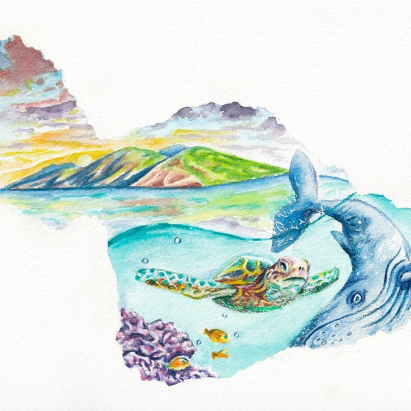 Maui Ocean Turtle and Whale Tropical Watercolor Print Decor