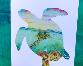 Turtle Silhouette Underwater Ocean Watercolor Greeting Card