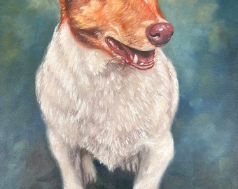 May include: A painting of a dog with white fur and a reddish-brown head. The dog is standing on a blue background and has its mouth open, showing its teeth. The dog is looking to the right of the image.