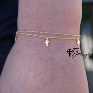 Mini Cross Bracelet Or Anklet With Double Chain in Solid Gold: 10K, 14K or 18K - Religious Jewelry Designs in Yellow, Rose or White Gold