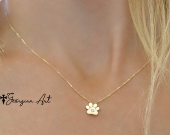 Paw Print Charm Necklace With Genuine Diamond in Solid Gold: 10K, 14K or 18K - Yellow, Rose or White Gold - Dog's Paw Print
