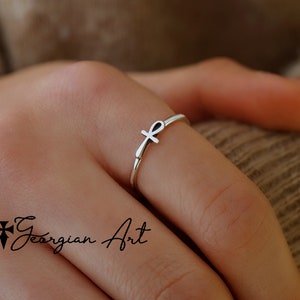 Mini Ankh Cross Ring in 10K, 14K or 18K Yellow gold, Rose Gold or White Gold, Stacking Religious Ring, Egyptian Symbol of Life.