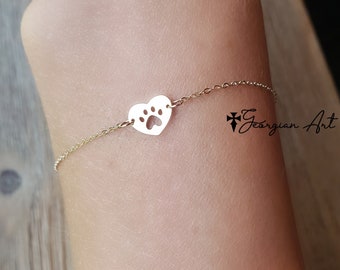Solid Gold: 10K, 14K or 18K - Mini Paw Print Charm Bracelet Or Anklet in Heart Shape. Animal Jewelry in Yellow, Rose or White Gold