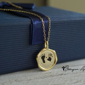 10K, 14K or 18K Solid Gold Baby Foot & Hand Print Necklace in Yellow, Rose or White Gold, Unisex Style.