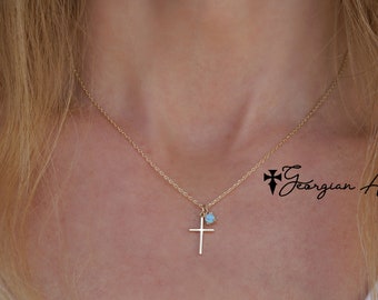 Solid Gold Mini Cross Necklace With Genuine Birthstone in 10K, 14K or 18K Gold for Adults or Kids - Yellow, Rose or White Gold, Personalized