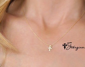 Dainty Ankh Cross Necklace With Rope Chain in Solid Gold: 10K, 14K or 18K - Religious Jewelry Designs in Yellow, Rose or White Gold