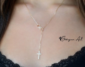 Solid Gold: 10K, 14K or 18K, Lariat Cross Necklace With Infinity Charm in Yellow, Rose or White Gold, Religious Jewelry, Y Necklace.