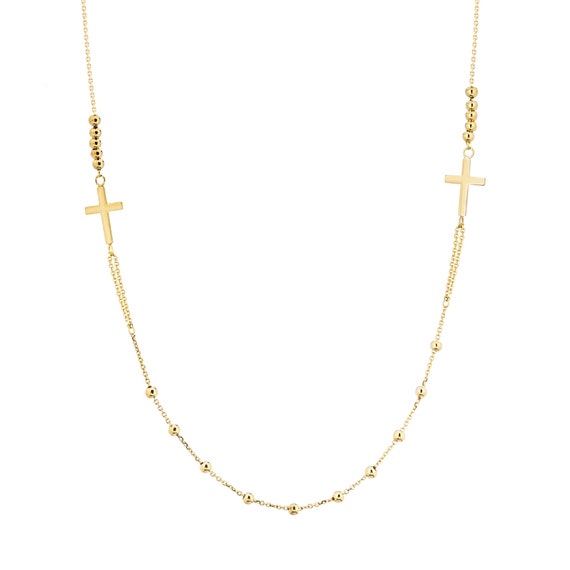 14K Solid Gold Rosary Style Beaded Necklace Sideways Crosses