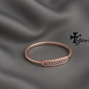 Solid Gold Bar Ring, Stacking Ring With Engraved Name - Engrave in 10K, 14K or 18K Yellow gold, Rose Gold, White Gold, Personalized ring.