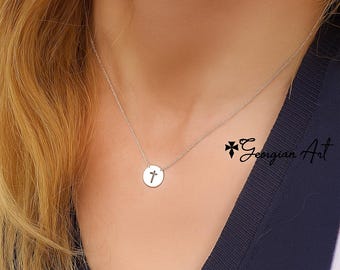 10K, 14K or 18K Solid Gold Mini Disc Necklace With Cut Out Cross, Religious Jewelry in Yellow, Rose or White Gold.