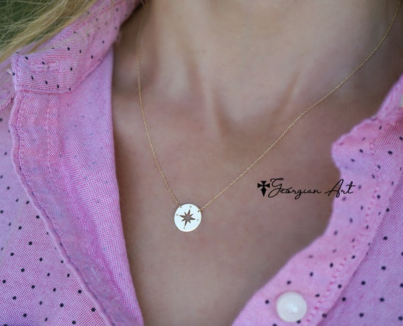 Mini Disc Compass Necklace in Solid 