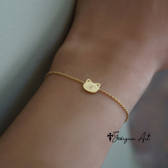 14K Solid Yellow Gold Cat Bolo Bracelet Engravable Initial