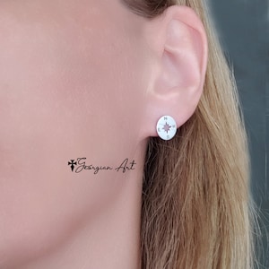 Compass Disc Earrings, Solid Gold Stud Earrings in 10K, 14K or 18K Gold: Yellow, Rose or White Gold - For Adults or Kids