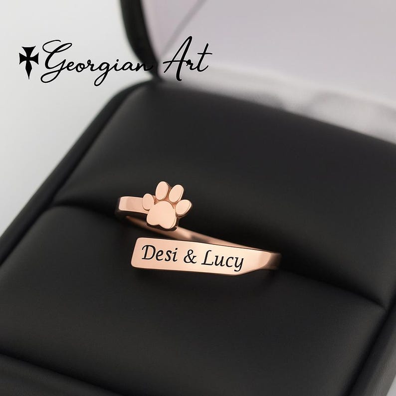 10K, 14K oder 18K Gelb, Rose oder Weißgold Pfotenabdruck Ring verstellbar. Haustier Datum oder Name gravieren. Bild 3