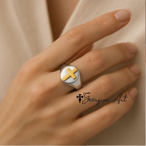Cross Signet Ring in 10K, 14K or 18K Yellow, Rose or White Gold, Stacking Religious Ring, Two Tone Ring for Man or Woman, Also In Sterling.