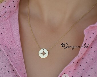 Solid Gold 10K, 14K or 18K Minimalist Compass Necklace in Yellow, Rose or White Gold, New Direction, Life Changes, Graduation Gift.