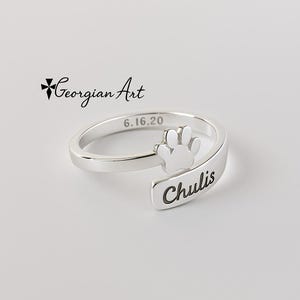 10K, 14K oder 18K Gelb, Rose oder Weißgold Pfotenabdruck Ring verstellbar. Haustier Datum oder Name gravieren. Bild 5