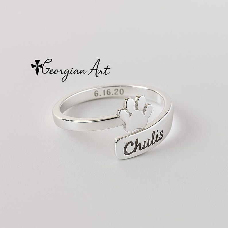 10K, 14K oder 18K Gelb, Rose oder Weißgold Pfotenabdruck Ring verstellbar. Haustier Datum oder Name gravieren. Bild 5