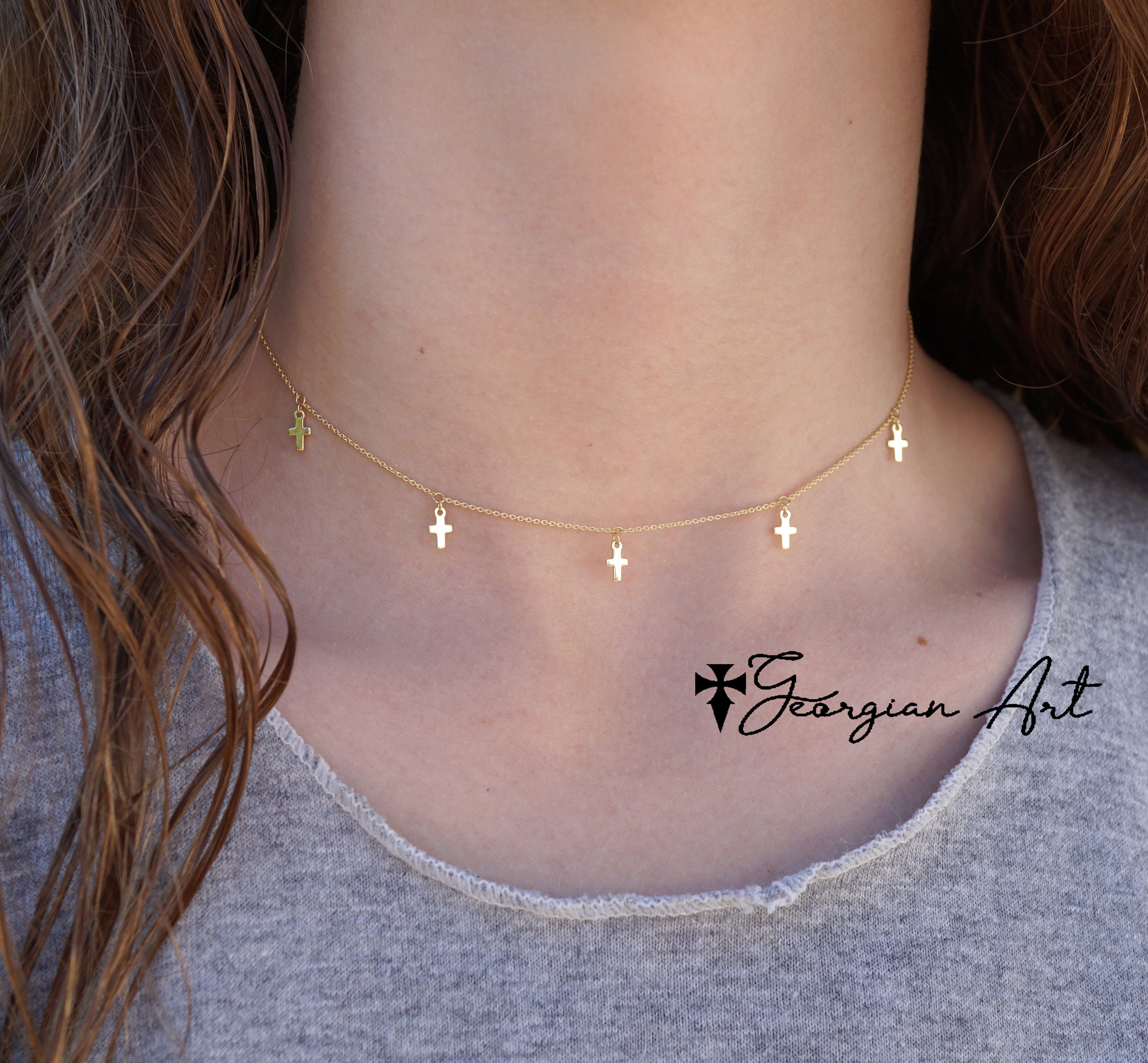 14K Solid Gold Multi Cross Choker Necklace in Solid Gold Mini
