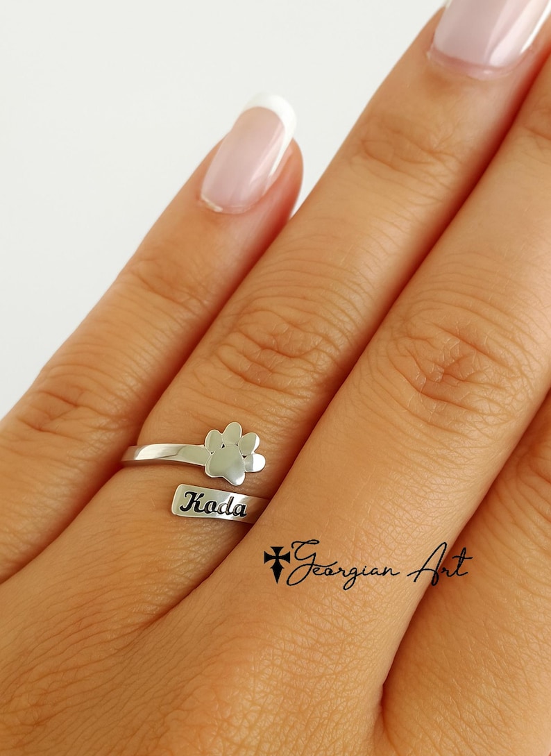 10K, 14K oder 18K Gelb, Rose oder Weißgold Pfotenabdruck Ring verstellbar. Haustier Datum oder Name gravieren. Bild 2