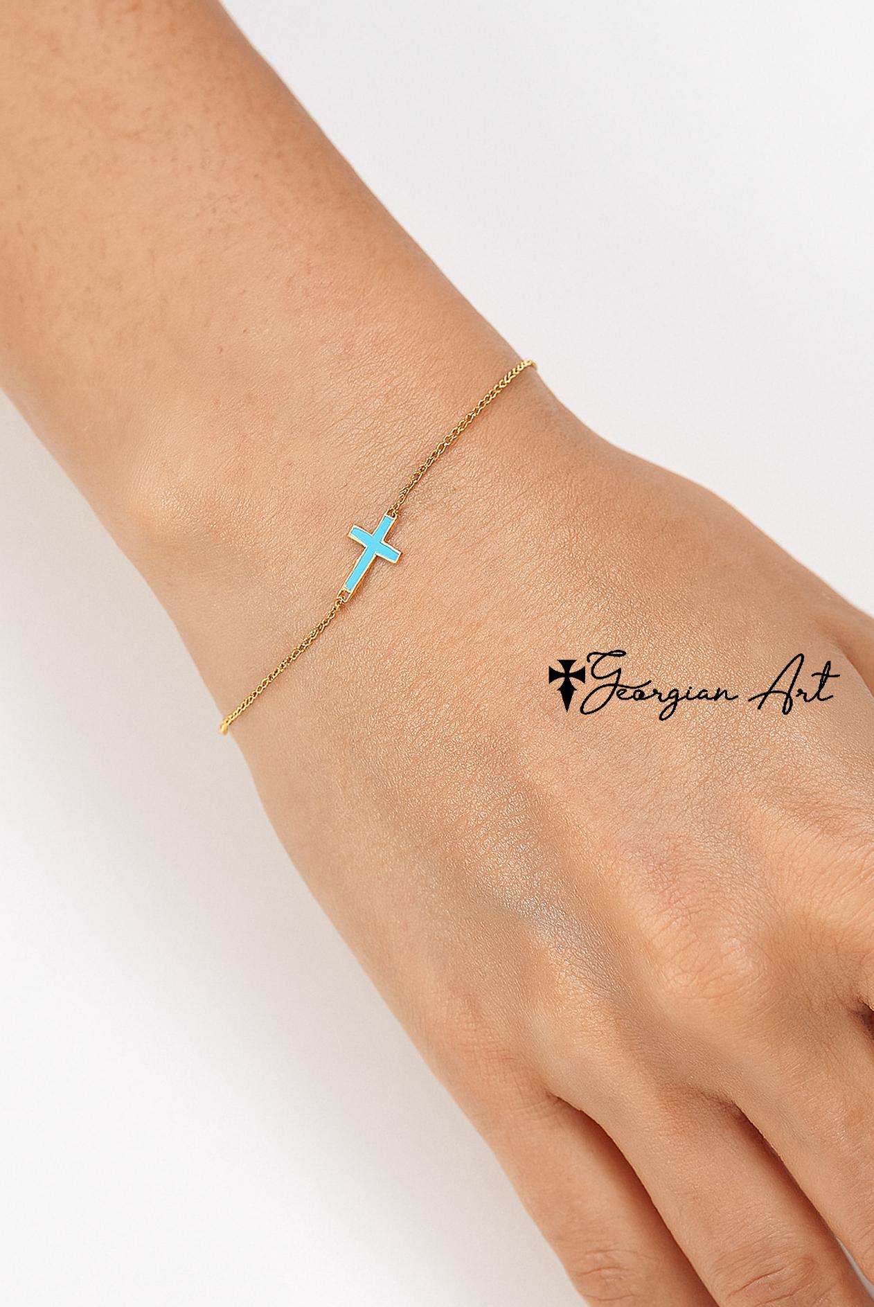 Mini Turquoise Enamel Sideways Cross Bracelet in 14K Solid Gold for Adults of Kids, Gift of Protection, Faith, Religion, Fashion For Woman.