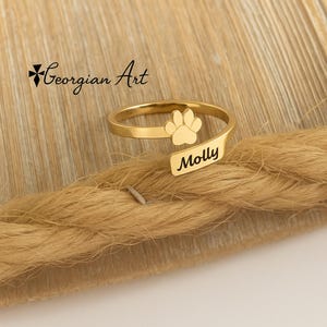 10K, 14K oder 18K Gelb, Rose oder Weißgold Pfotenabdruck Ring verstellbar. Haustier Datum oder Name gravieren. Bild 4