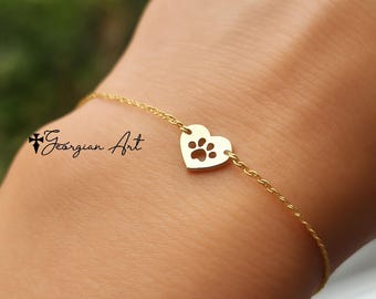 Solid Gold: 10K, 14K or 18K - Mini Paw Print Charm Bracelet Or Anklet in Heart Shape. Animal Jewelry in Yellow, Rose or White Gold