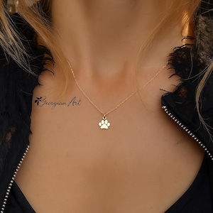 Dainty Paw Print Charm Necklace in Solid Gold: 10K, 14K or 18K - Animal Lover Necklace in  Yellow, Rose or White Gold - Dog&#39;s Paw Print