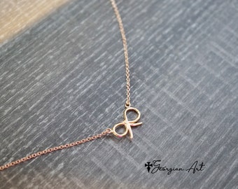 Solid Gold Mini Sideways Bow Necklace, Dainty Bow in Solid Gold - Adults or Kids - Forever Love