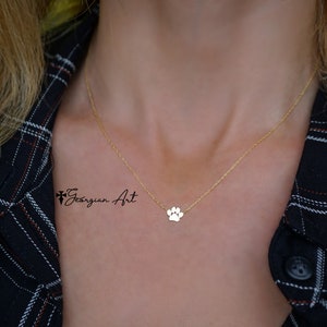 Dainty Paw Print Necklace in Solid Gold: 10K, 14K or 18K - Animal Lover Necklace in  Yellow, Rose or White Gold - Dog&#39;s Paw Print