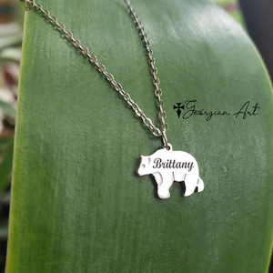 10K, 14K or 18K Solid Gold Engraved Bear Necklace With Personalized Name in Yellow, Rose or White Gold, Small Animal Necklace.