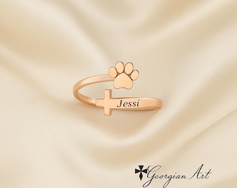 10K, 14K or 18K Yellow, Rose or White Gold Paw Print Ring with Engraved Dog's Name, Special Date or Initials, Adjustable Ring with Cross.