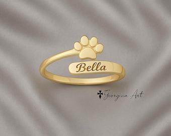 10K, 14K or 18K Solid Yellow, Rose or White Gold Paw Print Adjustable Ring. Engrave Pets Date or Name.