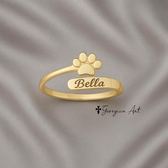 10K, 14K or 18K Solid Yellow, Rose or White Gold Paw Print Adjustable Ring. Engrave Pets Date or Name.