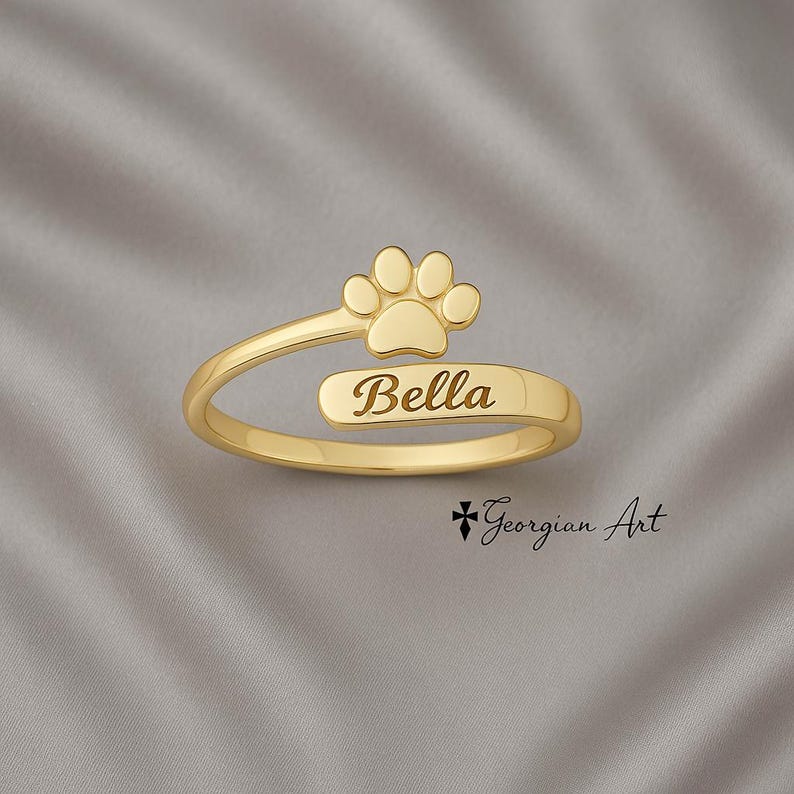 10K, 14K oder 18K Gelb, Rose oder Weißgold Pfotenabdruck Ring verstellbar. Haustier Datum oder Name gravieren. Bild 1
