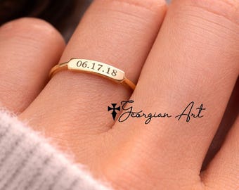 Solid Gold Bar Ring With Engraved Date, Personalized Stacking Ring.