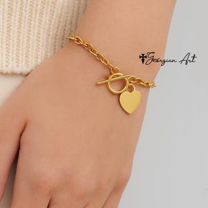 Engravable Heart Bracelet with Toggle Clasp in 14K Solid Gold: Yellow or White Gold, Engrave Your Initials, Monogram, Date, Name or Word.