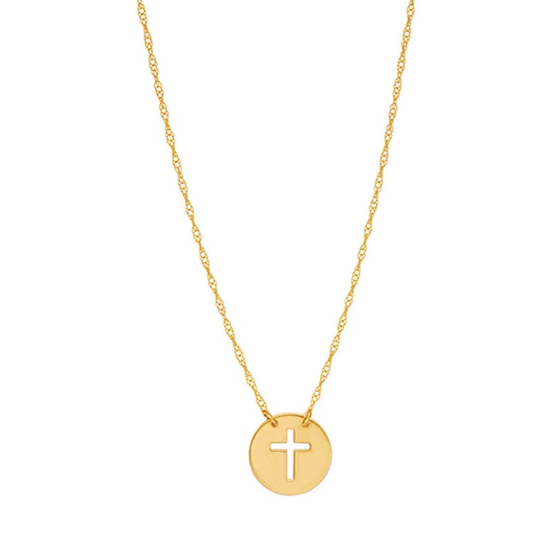 Mini Disc Necklace With Cut Out Cross in Solid Gold 10K 14K Etsy