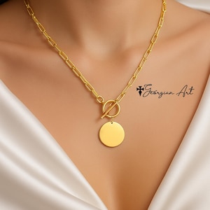 14K Solid Yellow Gold Engravable Heart Necklace w/ Toggle Clasp, Engrave Your Initials, Monogram, Date, Name or Word, Front or Back.