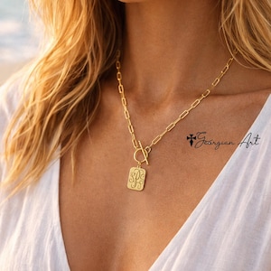 14K Solid Gold or Silver Rectangle Charm Necklace With Paperclip Chain, Engrave Monogrammed Initials, Toggle Clasp.